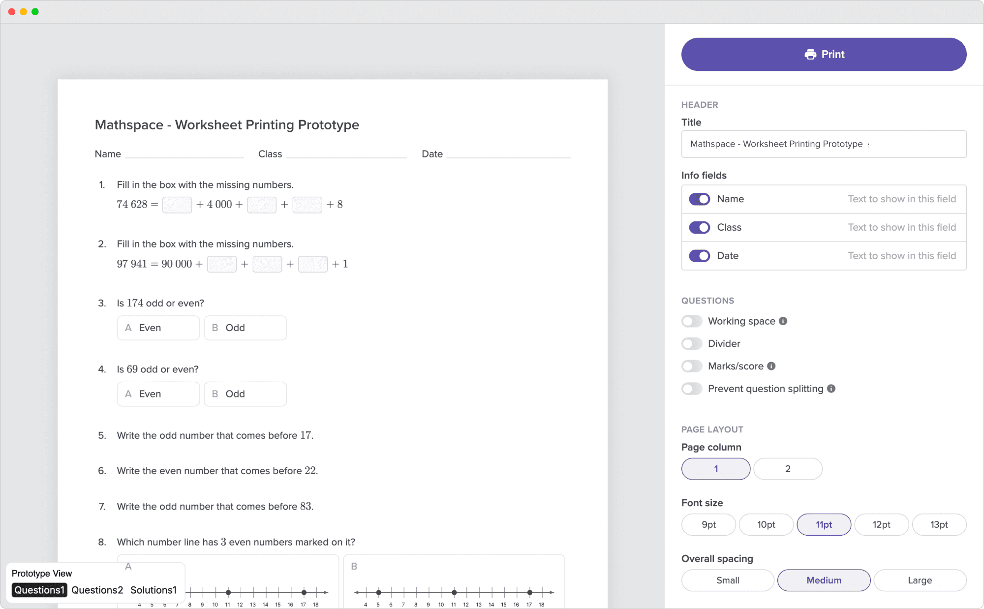 Mathspace worksheet printing prototype UI